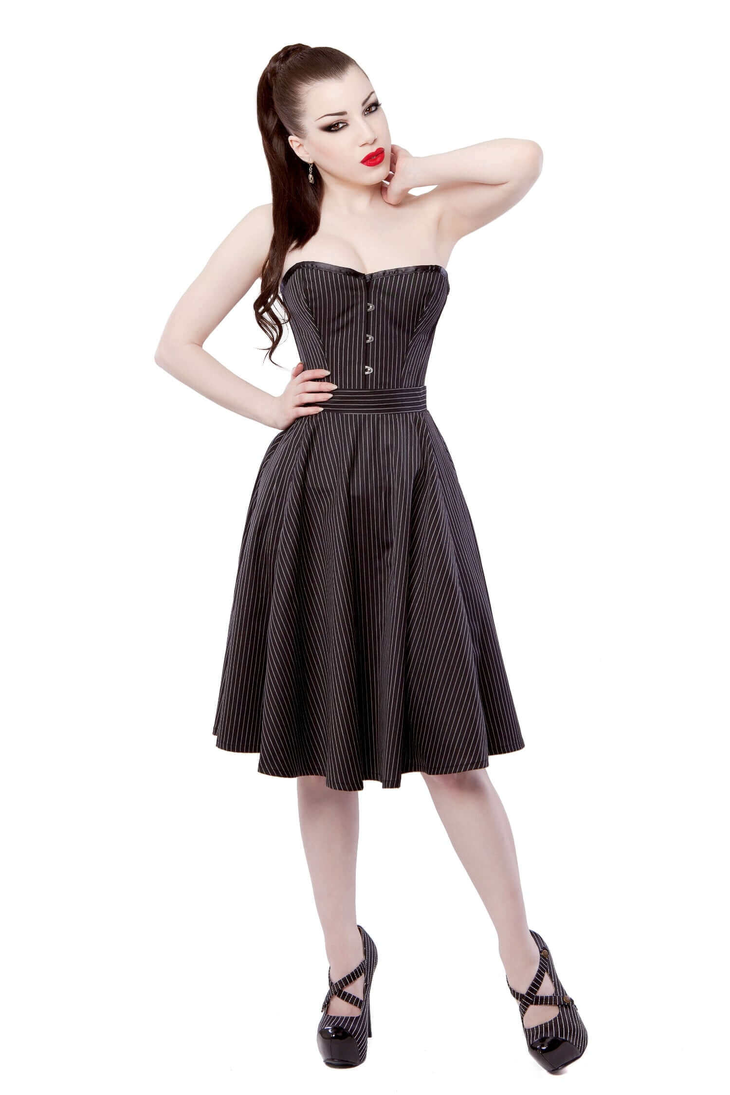 Playgirl Black Pinstripe Circle Skirt - Women's Vintage Style High Waist Flared Skirt for Casual, Office & Party Wear