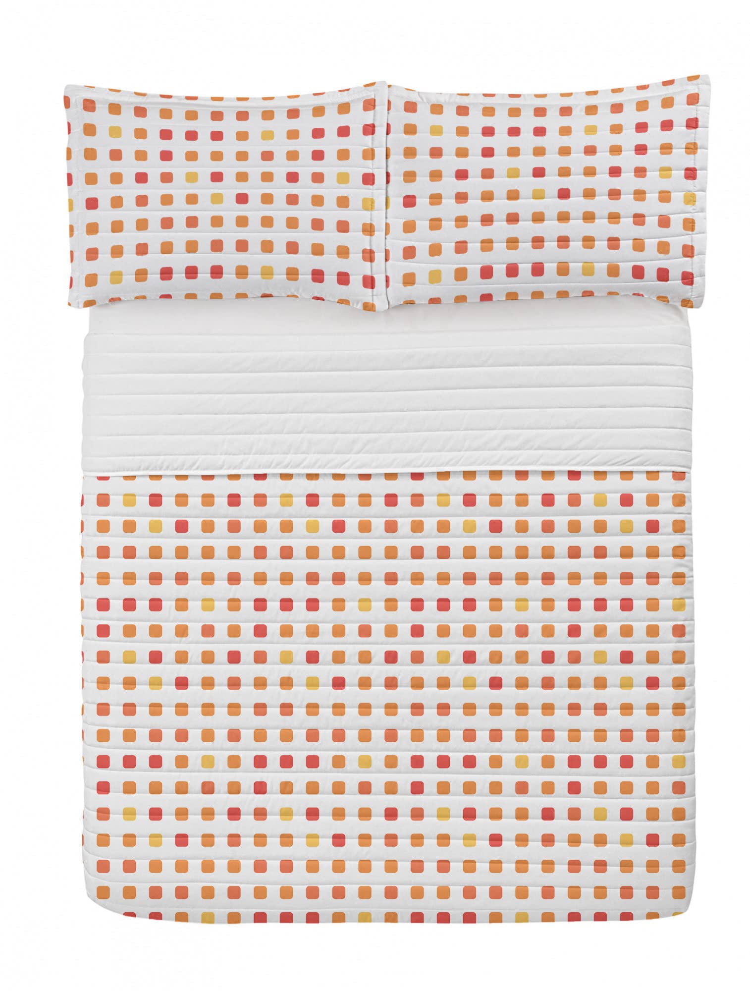 Vintage Orange Microfiber Bedspread Set with Polka Squares Design - Soft Queen Size Bedding Set Includes Pillow Shams & Comforter in White Apricot & Mustard | Perfect for Cozy Bedrooms, Guest Rooms & Boho Home Decor