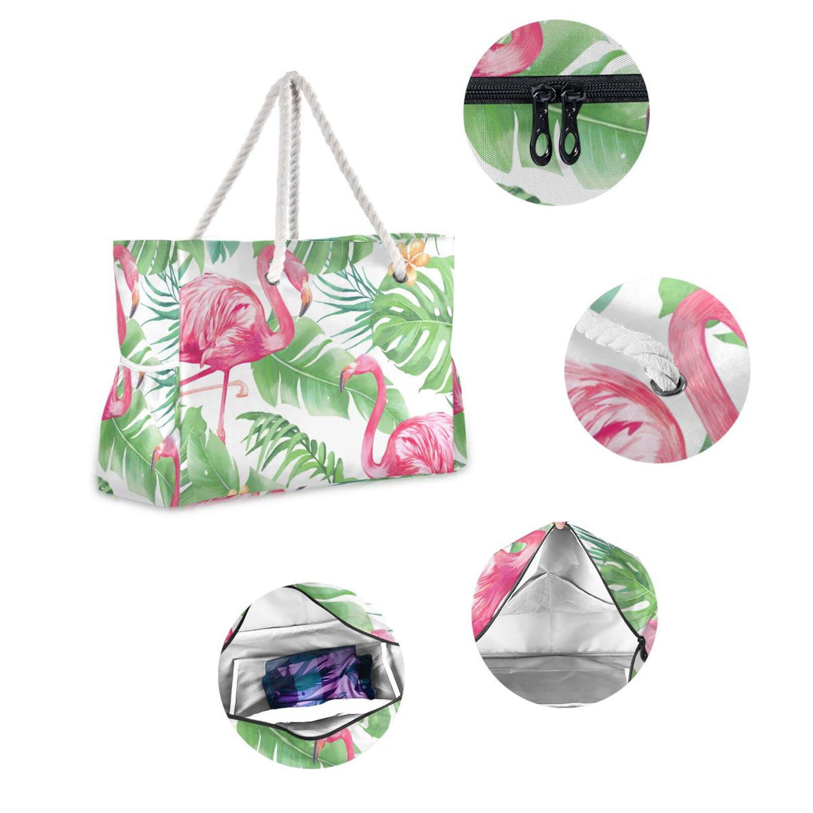 Vikko Pink Flamingo Print Large Beach Tote Bag - Waterproof Zippered Travel Shoulder Bag for Women & Girls - Perfect for Pool, Vacation, Shopping and Summer Outings
