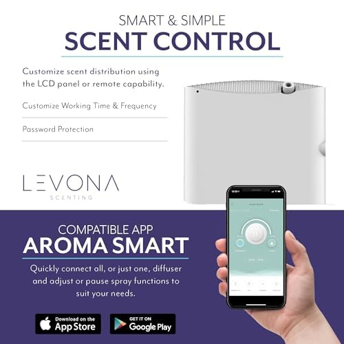 Levona Scent Waterless Diffuser - Essential Oil Aroma Smart Plug-in Air Freshener, Portable Diffuser Machine for Home, Office & Large Spaces up to 4000 sqft, LCD Display, HVAC Compatible with Cleaning Cloth - Perfect for Bedrooms, Living Rooms & Commercial Spaces (Arosa 1500, Scent Not Included)