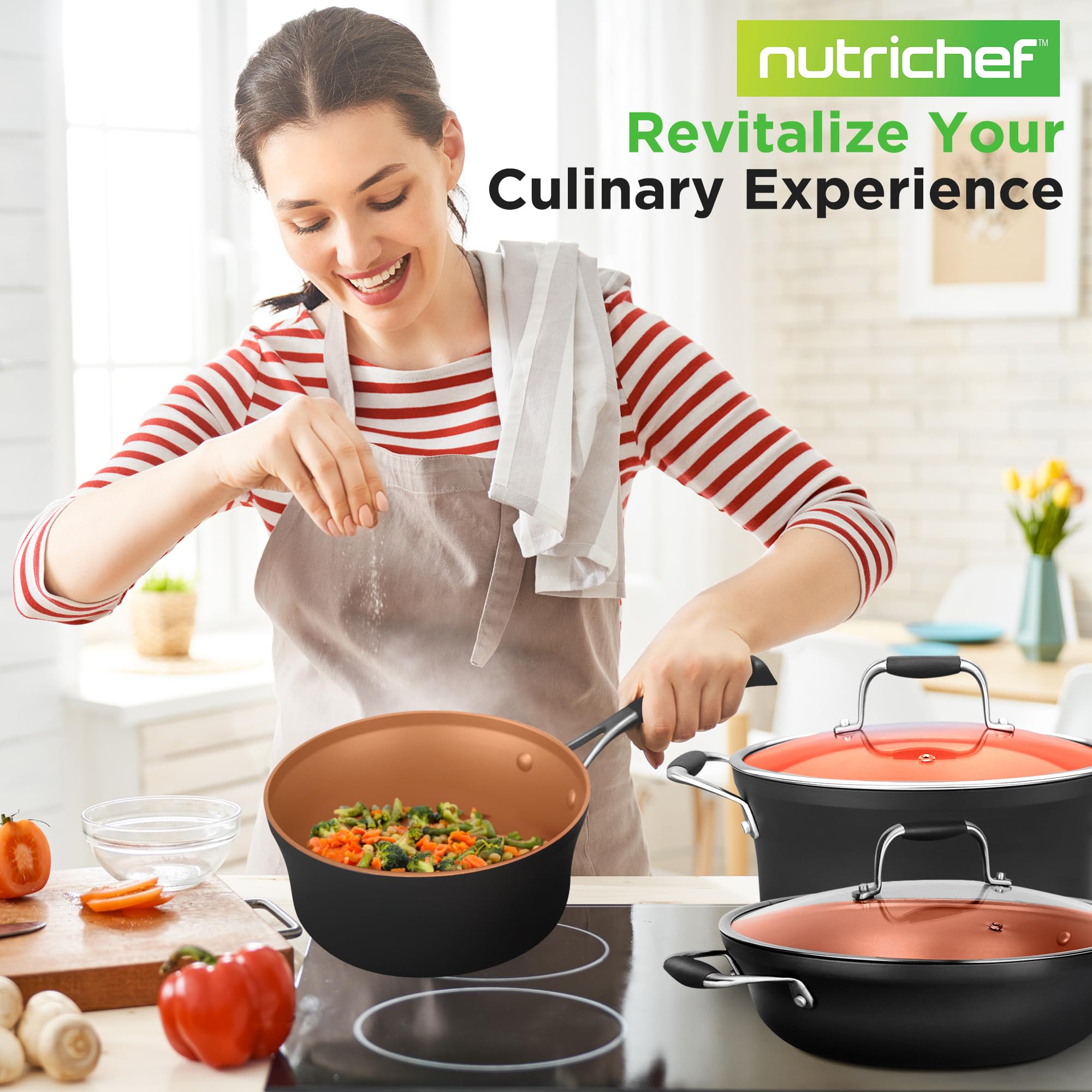 NutriChef 14-Piece Non-Stick Cookware Set - Copper Pots & Pans with Lids, Frying Pans, Spatula, Pasta Server & Soup Ladle | Durable Silicone Handles | Perfect for Home Cooking, Meal Prep & Family Dinners