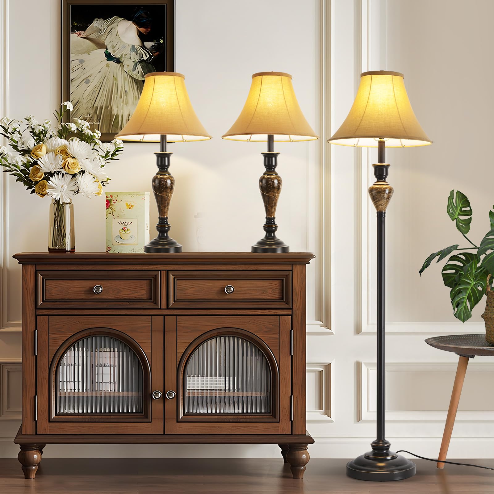 Vintage 3-Piece Living Room Lamp Set - Table Lamp & Floor Lamp with Stable Iron Base & Brown Fabric Shade - Perfect for Bedroom, Reading Nook, Home Office & Cozy Living Spaces