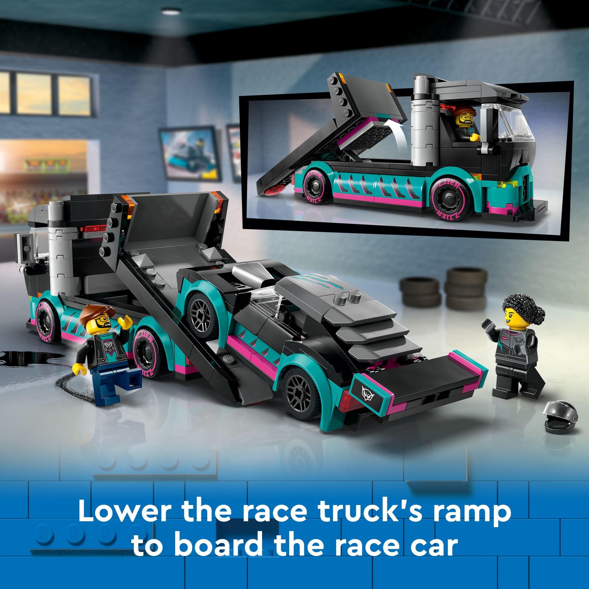 LEGO City Race Car and Car Carrier Truck Toy Set with Adjustable Ramp, Race Car & Minifigures - Fun Building Kit for Kids Ages 6+ (60406) | Creative Play, Birthday Gift & STEM Learning Toy