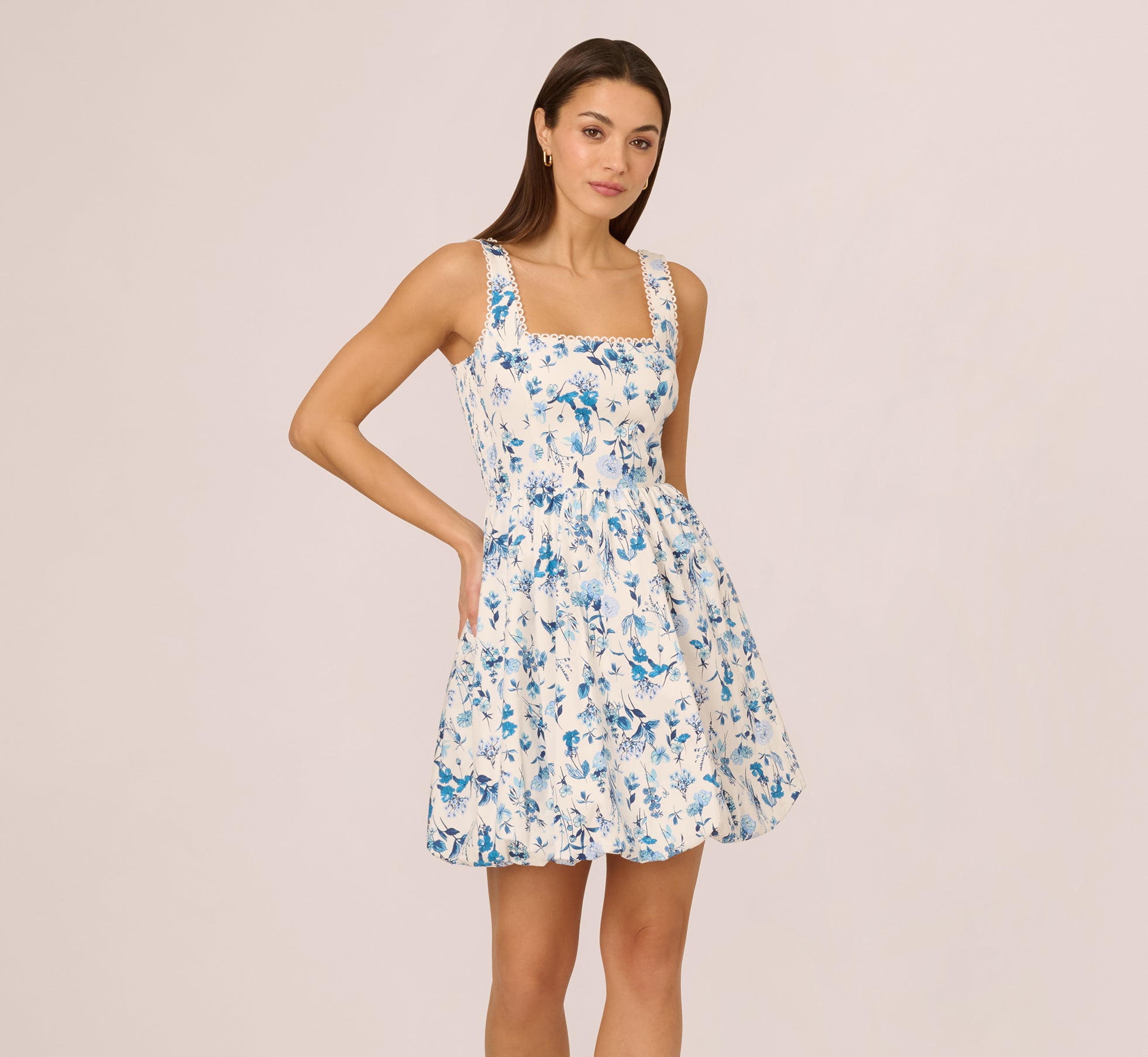 Sleeveless Floral Short Balloon Skirt Dress in Ivory Blue Multi - Perfect for Summer Outfits, Beach Vacations & Casual Dates