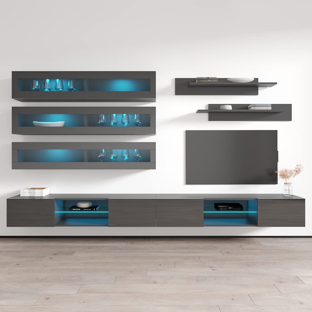 Modern Gray Floating TV Stand with Storage & LED Lights - Wall-Mounted Entertainment Center for Bedroom & Living Room - Space-Saving TV Console with Shelves - Perfect for Small Apartments & Home Theater Setup