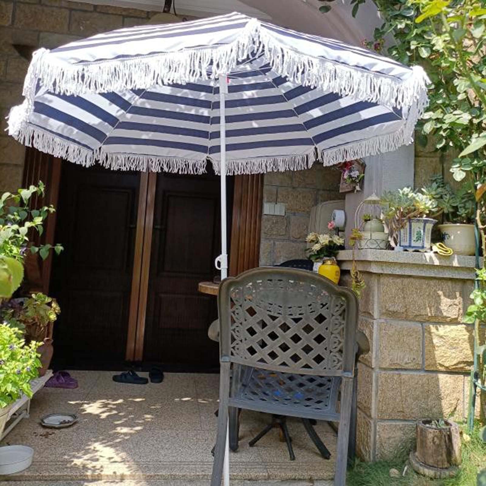 JLXJ Blue & White Striped Waterproof Windproof Beach Umbrella with Fringe - 1.8m Outdoor Sun Shade for Patio, Poolside, Backyard & Balcony | Perfect for Summer Relaxation, Beach Trips & Outdoor Dining