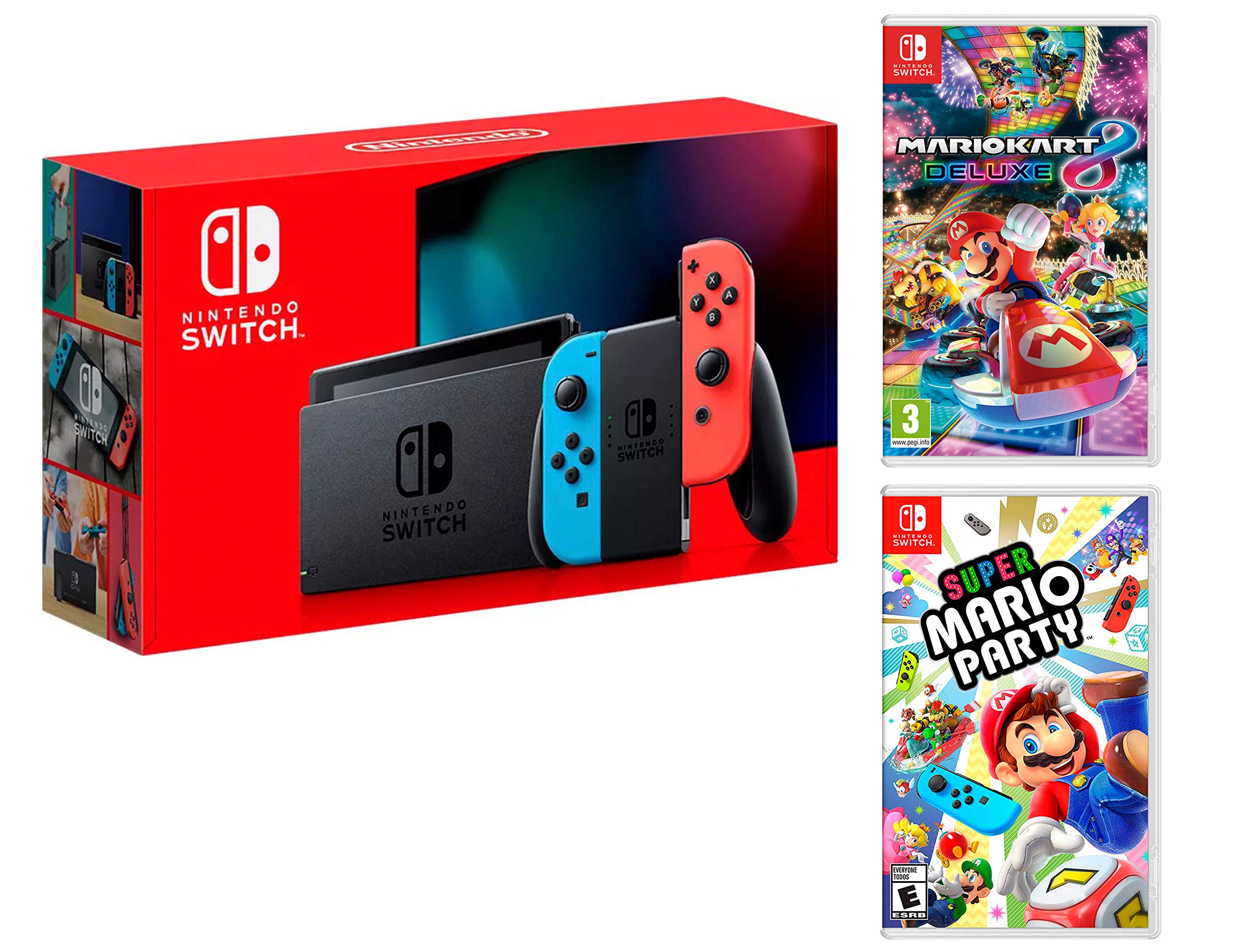Nintendo Switch Neon Red/Blue 32GB [New V2 Model] with Super Mario Party & Mario Kart 8 Deluxe Bundle - Perfect for Family Game Nights & Multiplayer Fun