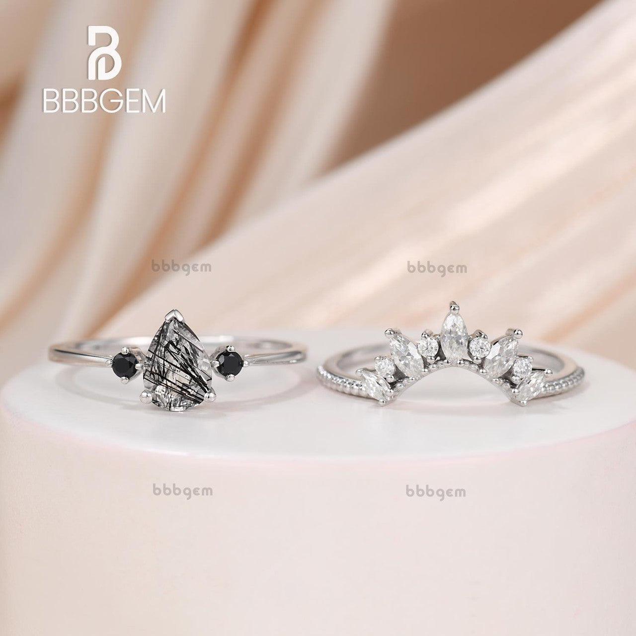 Pear Black Rutilated Quartz Bridal Ring Set in White Gold with Diamond Cluster - Elegant Engagement & Wedding Jewelry for Brides, Anniversary Gifts, and Special Occasions
