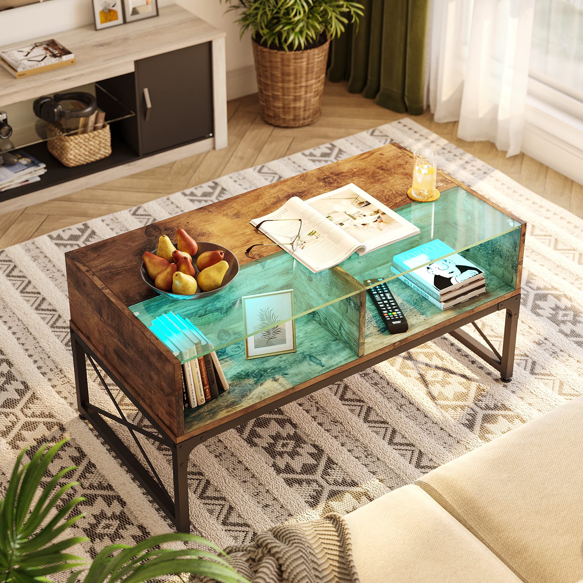Bestier 42 Inch LED Coffee Table with Storage - Modern Farmhouse Style Wooden Center Table for Living Room, Home Office & Gaming | Rustic Brown Finish | Perfect for Entertaining, Remote Work & Game Nights