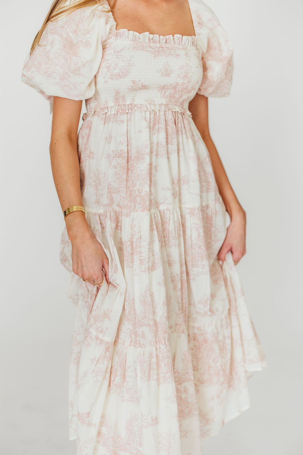 Elena 100% Cotton Toile Print Smocked Midi Dress - Bump Friendly Maternity Dress in Pink | Perfect for Baby Showers, Summer Weddings & Casual Outings *PRE ORDER*