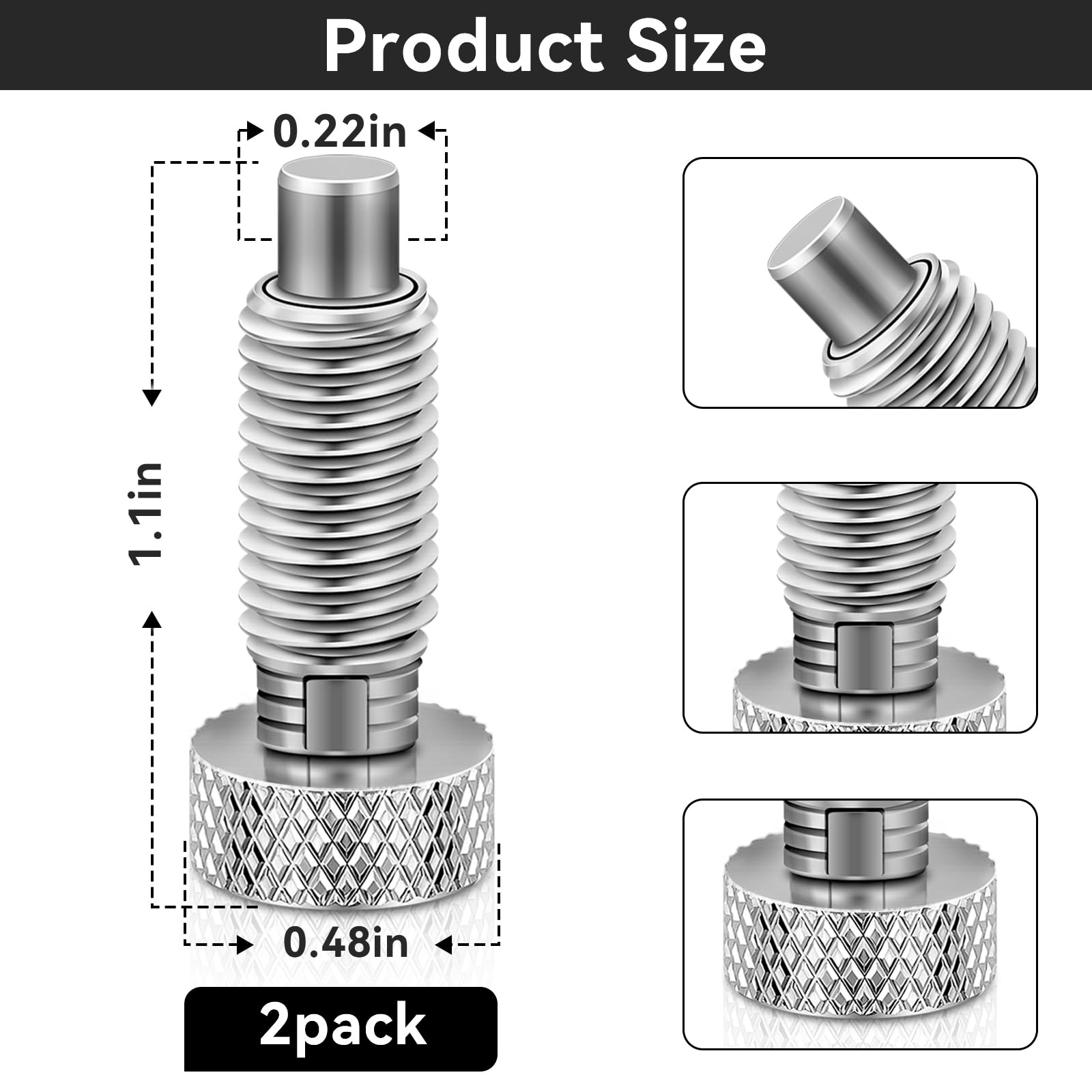 Stainless Steel M6 Quick Release Spring Plunger with Knurled Handle - 1/4''-20 Thread, 0.500'' Length (2-Pack, Silver) - Perfect for Packout Rolling Toolbox & Industrial Equipment Maintenance