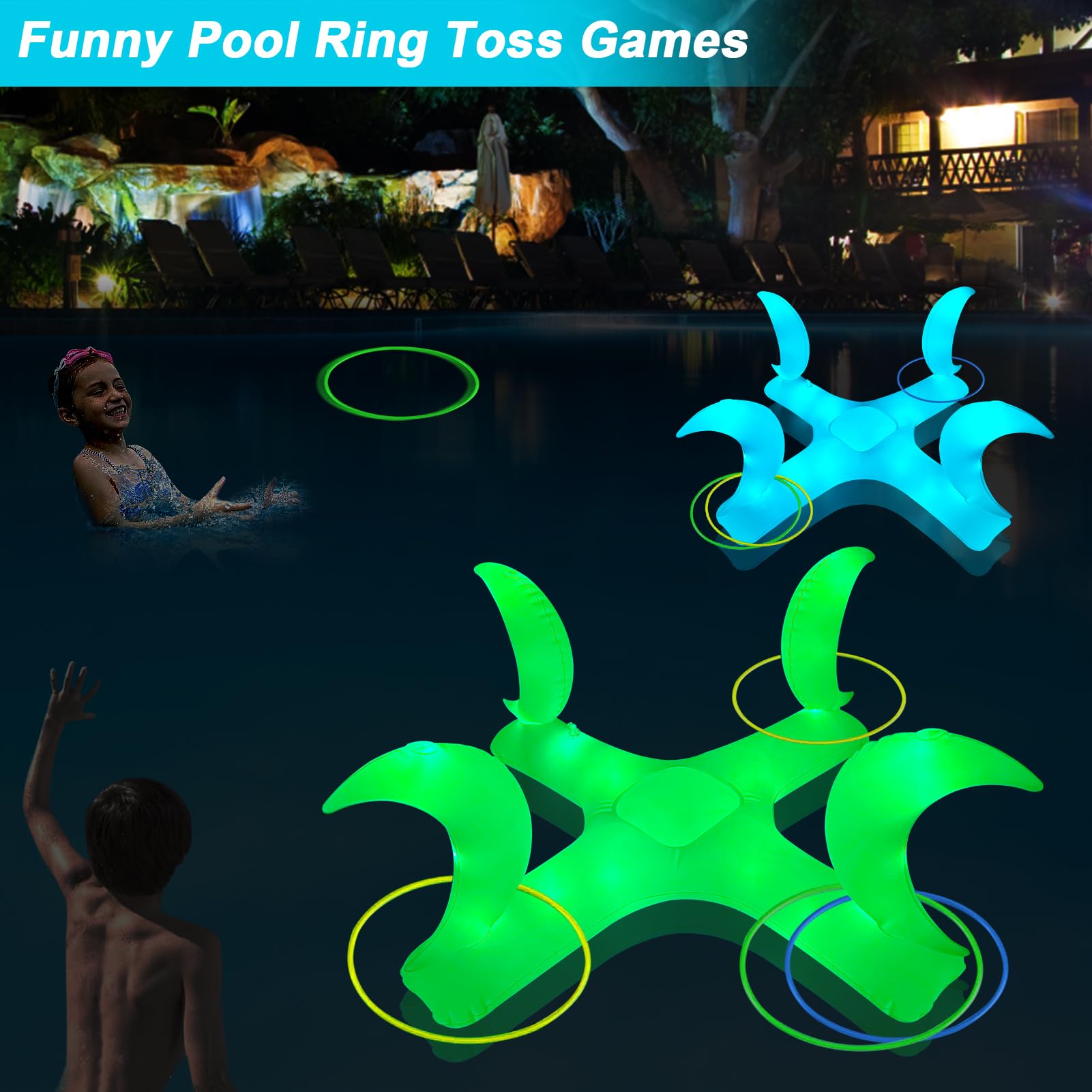 **Solar-Powered Moon Inflatable Pool Ring Toss Game with Colorful LED Lights – 6 Rings Included – Fun Water Toys for Kids, Toddlers & Adults – Perfect for Pool Parties, Summer Fun & Backyard Games**