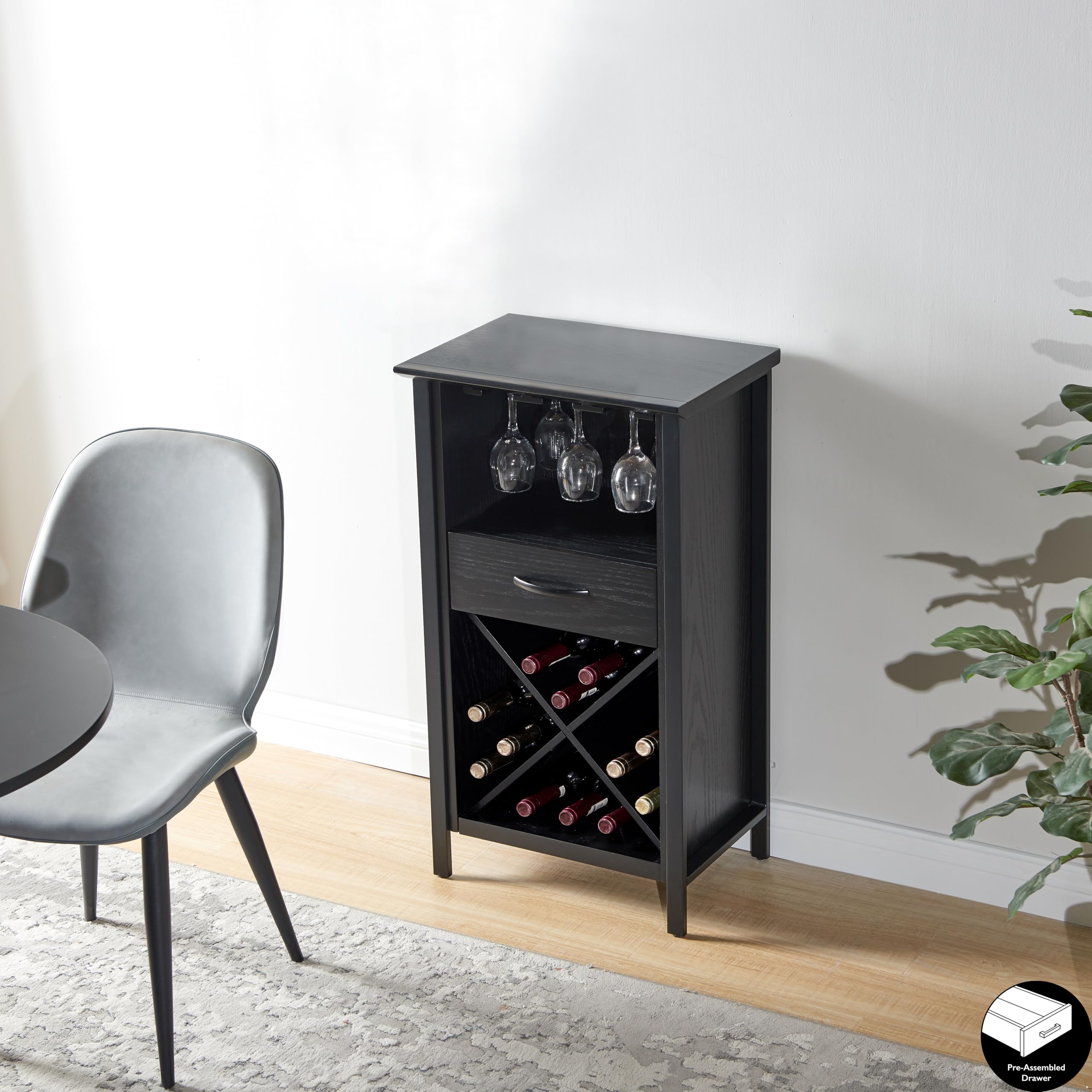 Leick Home 9500-BK Leah Mini Bar Cabinet - Black Wine Bottle & Stemware Storage Organizer for Dining Room, Kitchen, or Home Bar Decor