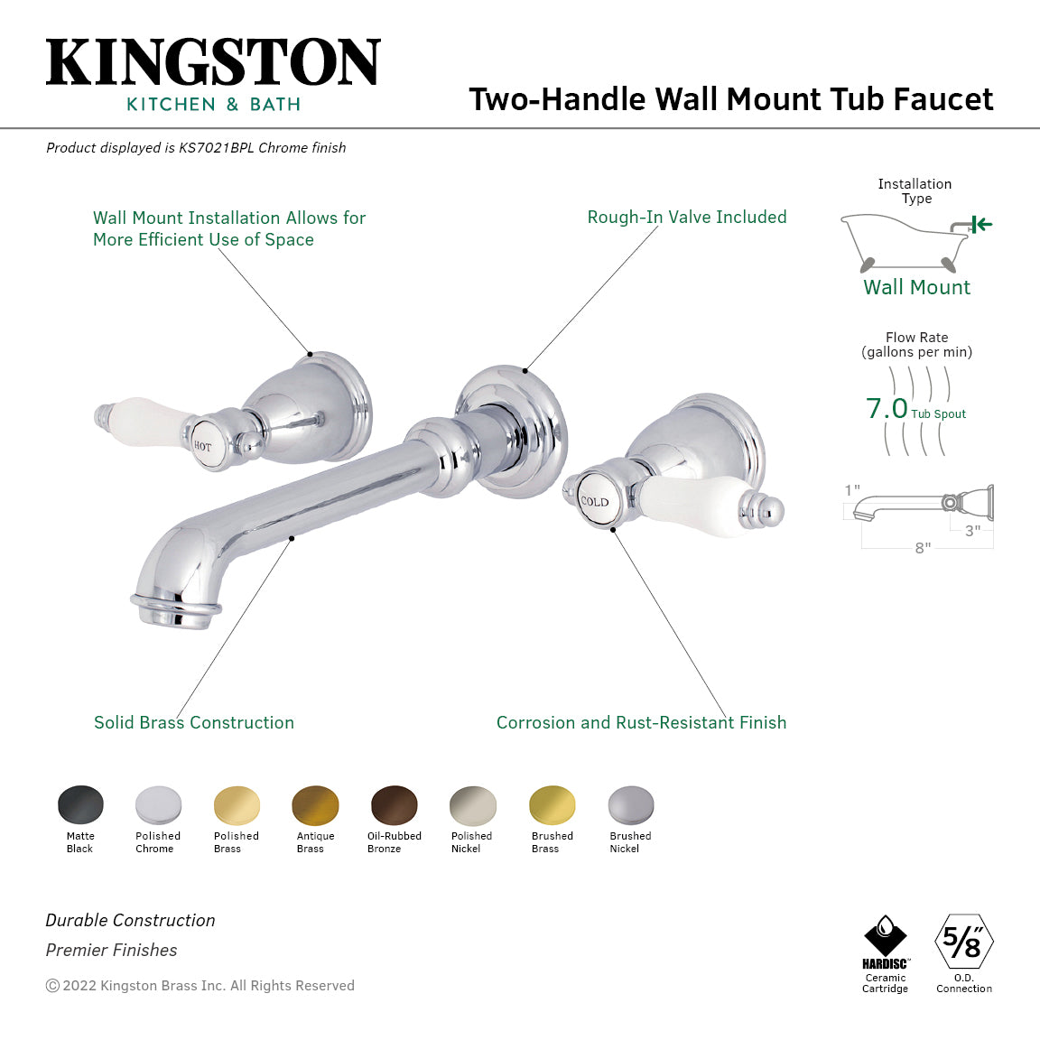 Bel Air KS7025BPL Oil Rubbed Bronze Roman Tub Faucet - 3 Hole Wall Mount Two Handle Bathroom Faucet for Luxury Bathtubs | Perfect for Spa, Master Bath & Vintage Style Bathrooms