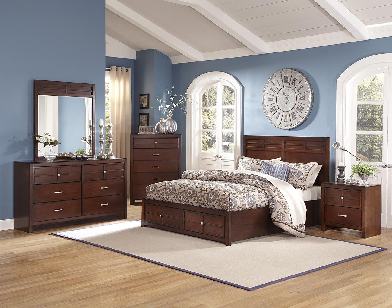 NCF Furniture Kirkwood 5-Piece Eastern King Bedroom Set with Storage & 2 Nightstands in Burnished Cherry - Perfect for Master Bedroom, Guest Room & Small Space Organization