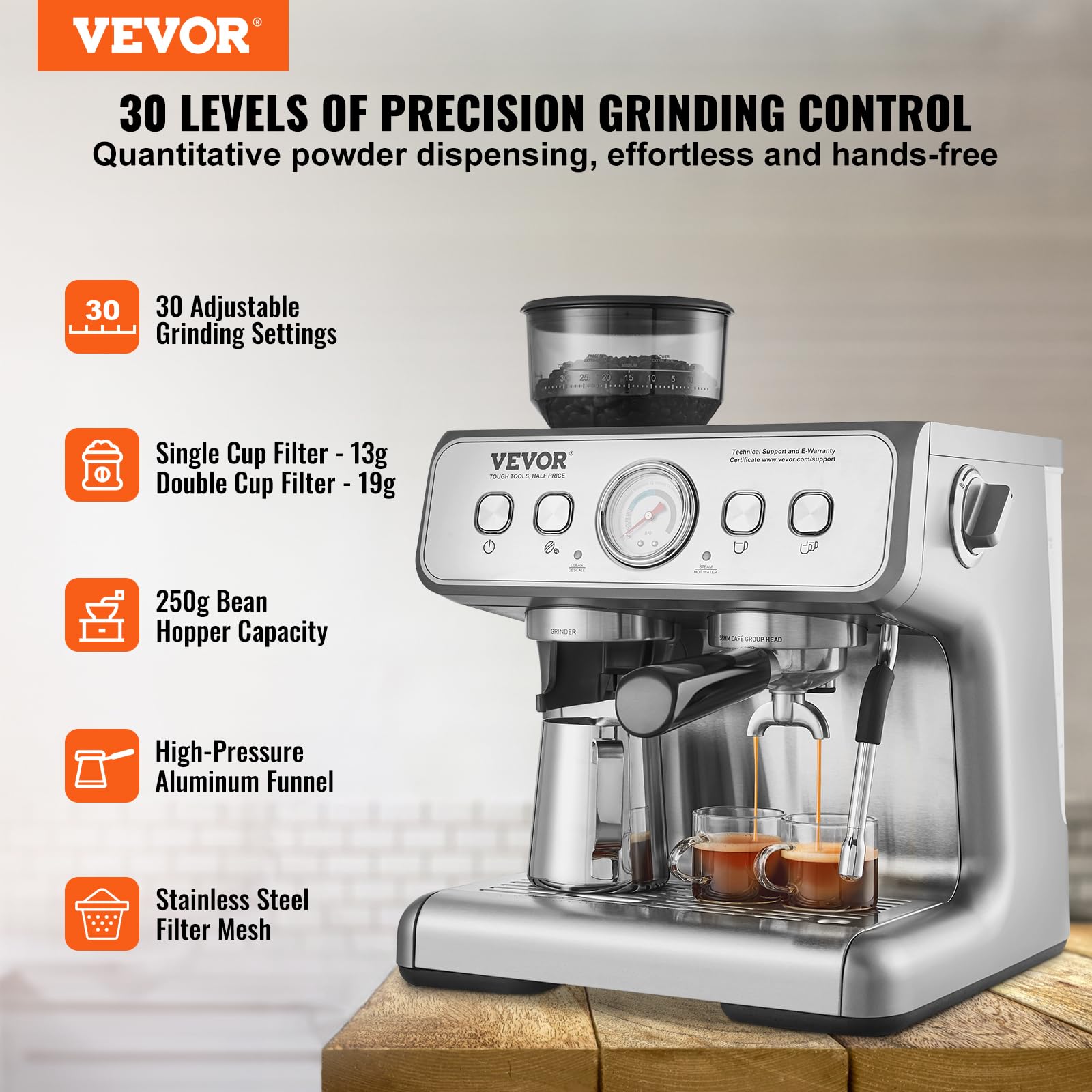 VEVOR 15 Bar Semi-Automatic Espresso Coffee Maker with Built-in Grinder & Milk Frother, Removable Water Tank, PID Control System - Perfect for Home Baristas to Make Cappuccino, Latte, Macchiato - Ideal for Kitchen, Office, Coffee Shop Use