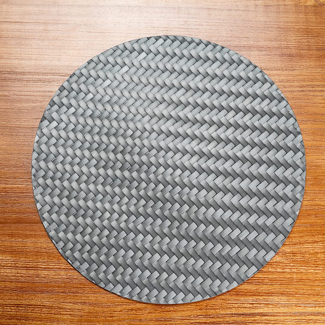 Premium 15-Inch Round Woven Placemats Set of 6 - Durable & Easy-Clean Metallic Gray Plastic Table Mats for Dining - Perfect for Home, Restaurant, Wedding & Party Decor
