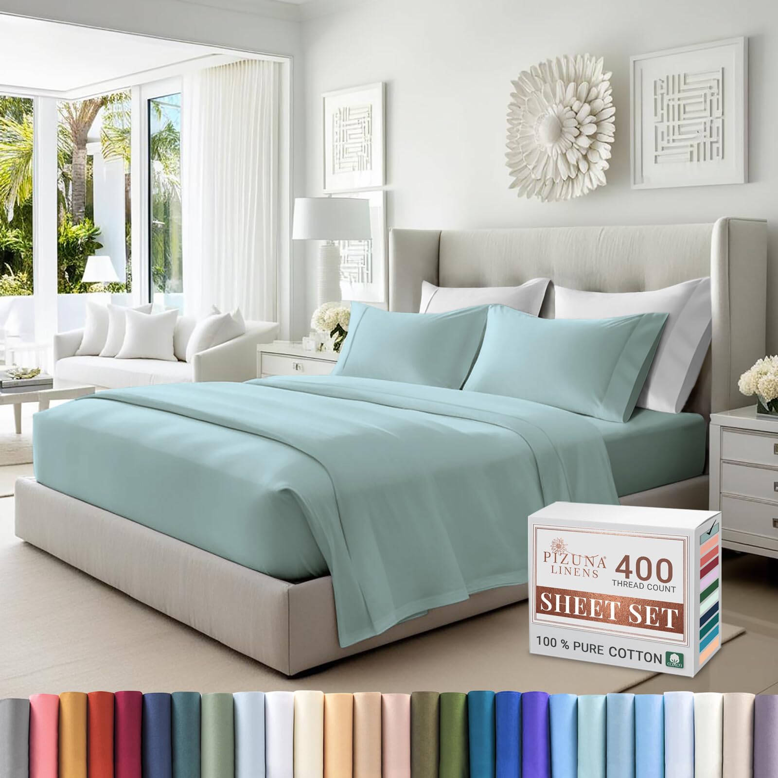 Pizuna Pure 100% Cotton California King Sheets - 400 Thread Count Luxury Sateen Bedding Set with 15