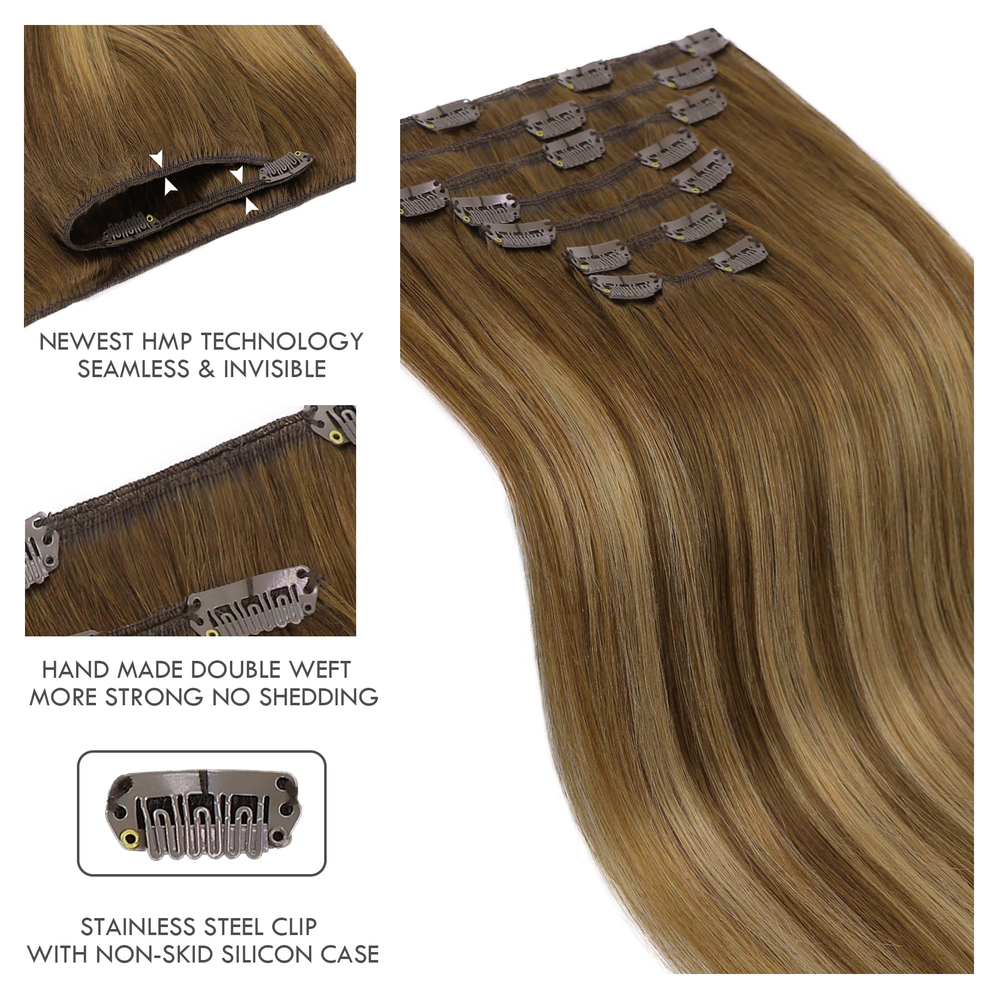 22 Inch Clip In Hair Extensions - Real Human Hair, Hand Tied Weft, Balayage Chocolate Brown with Caramel Blonde Highlights - 7 Piece Set for Volume & Length | Perfect for Parties, Weddings & Daily Styling