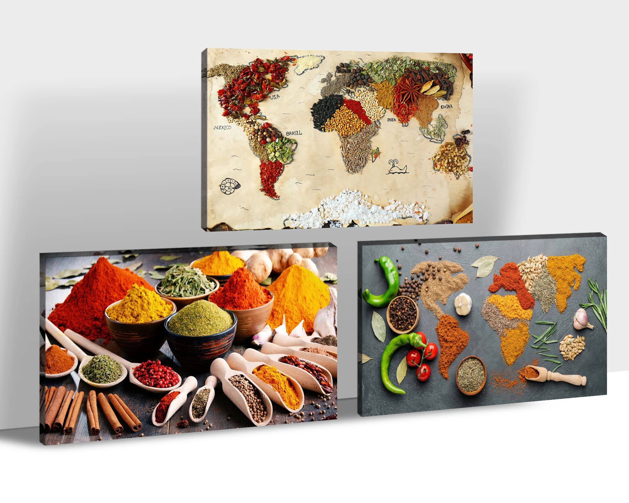 3-Piece Vintage Spice Map Kitchen Wall Art Set - Framed Canvas Decor for Modern Kitchens & Restaurants (24x36 Inch, Colorful Spoon & Spice Poster) - Perfect for Home, Cafe, and Dining Room Decorations