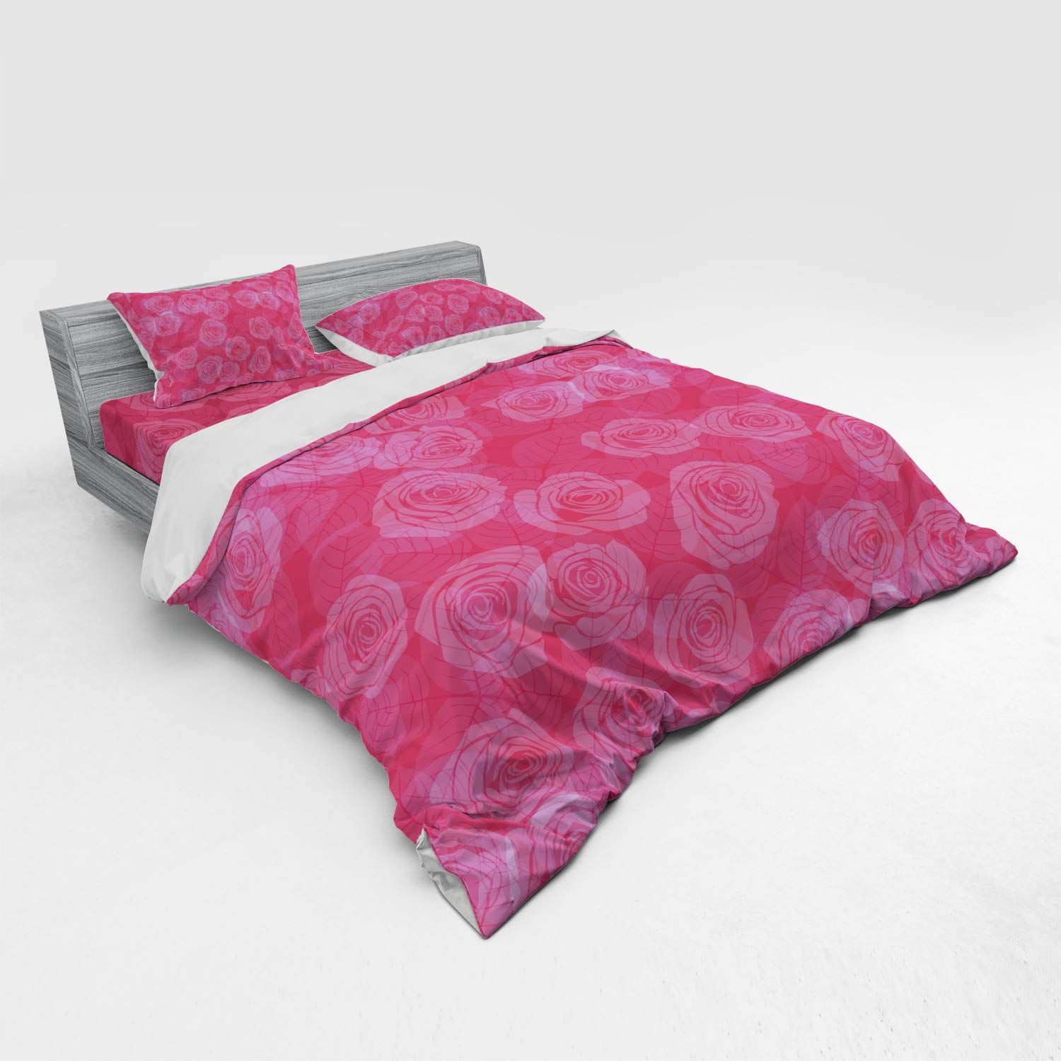 Ambesonne Rose Duvet Cover Set - 4 Piece King Size Pink Floral Bedding with Shams & Fitted Sheet | Valentine's Day Inspired Romantic Design | Perfect for Master Bedroom, Guest Room & Wedding Gift