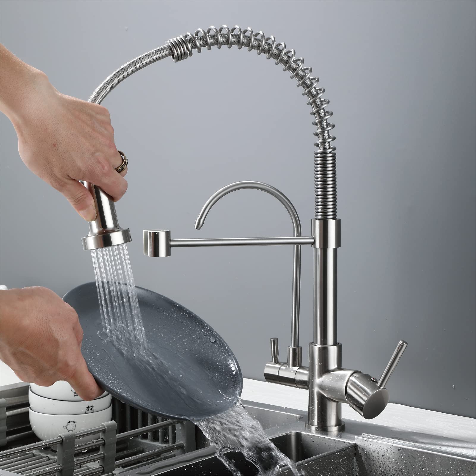 HUAHUALALA 3-in-1 Kitchen Sink Faucet with Sprayer & Water Filter - Brushed Nickel Drinking Water Faucet for Reverse Osmosis Systems | Perfect for Home, RV & Office Use
