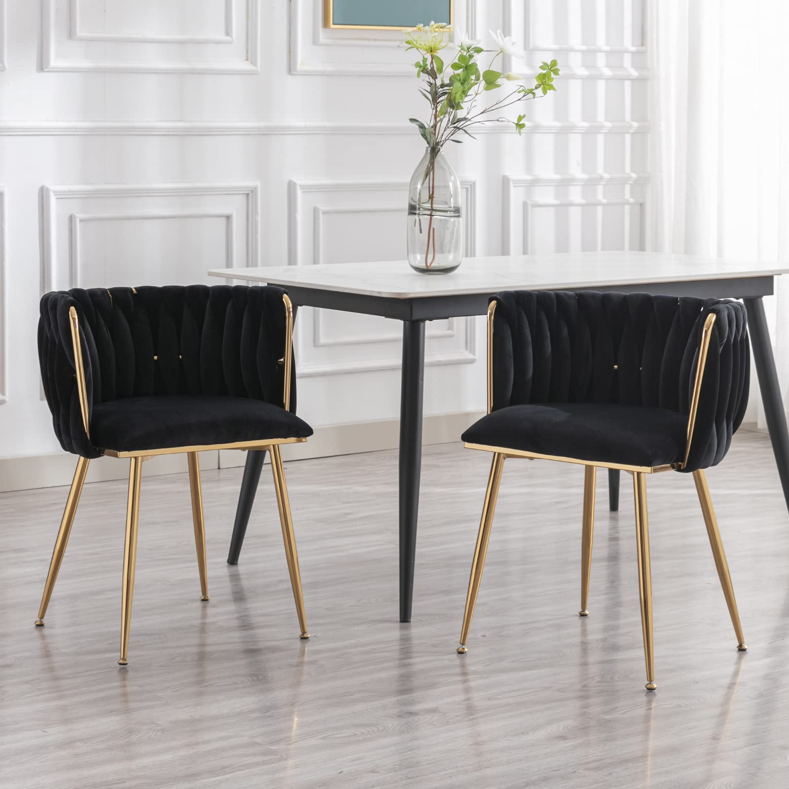 Modern Velvet Dining Chairs Set of 2 - Mid Century Weaved Back Kitchen Chairs with Sturdy Metal Legs, Upholstered Side Chairs for Living Room & Dining Room - Perfect for Home Decor, Dinner Parties & Cozy Gatherings (Black)