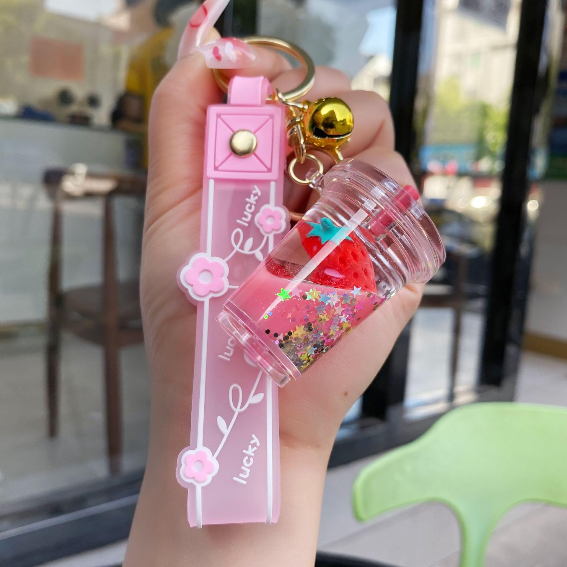 HSYHERE Floating Strawberry Milk Tea Cup Keychain - Cute Bubble Tea Pendant Keyring with Flower Strap for Girls & Women | Perfect for Backpacks, Purses, and Gift Giving