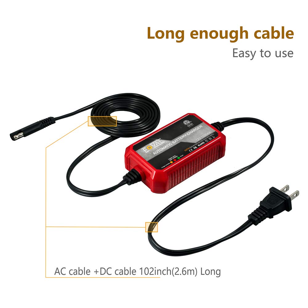 Foval 12V 1000mA Smart Automatic Trickle Battery Charger - Maintains Car, Motorcycle, RV & Marine Batteries - Perfect for Winter Storage & Long-Term Vehicle Maintenance