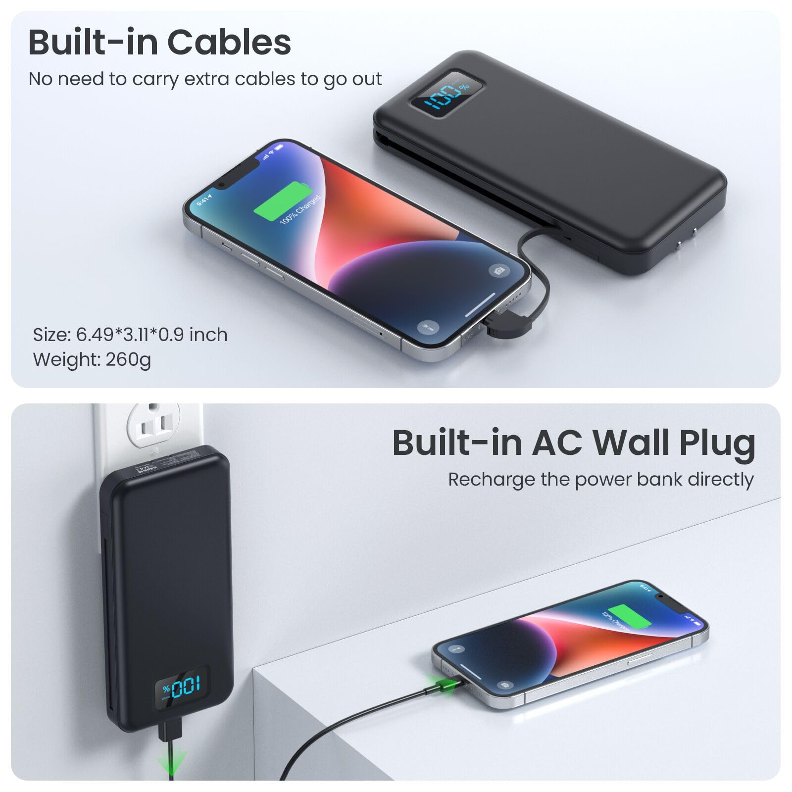 13800mAh Portable Charger with Built-in USB-C/Lightning Cables & AC Wall Plug - Fast Charging Power Bank with LCD Display for iPhone 16/15/14/13, Samsung Galaxy, Android Phones - Perfect for Travel, Camping & Emergency Power Backup