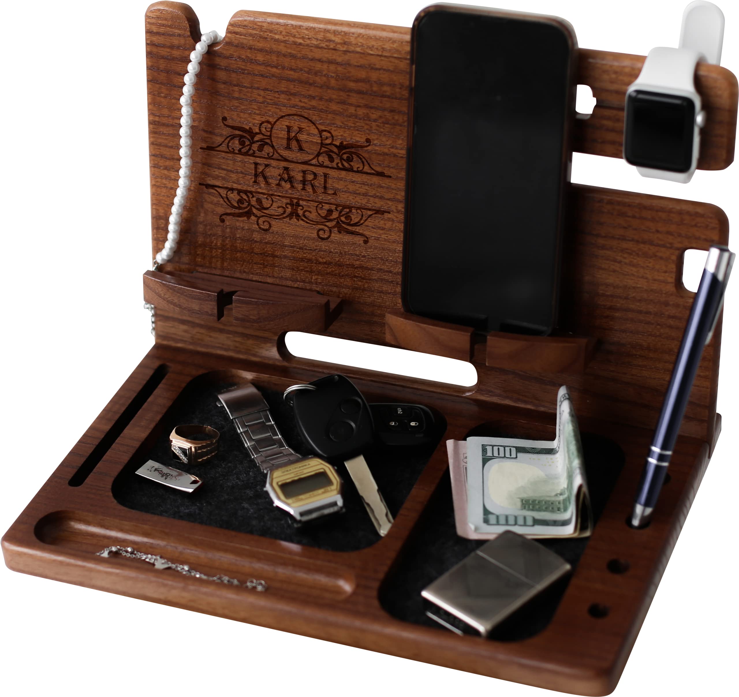 Personalized Wooden Phone Stand & Desk Organizer - Multi-Function Charging Station for iPhone, Android, Smartwatch & Wallet | Perfect Gift for Men, Office & Nightstand Use