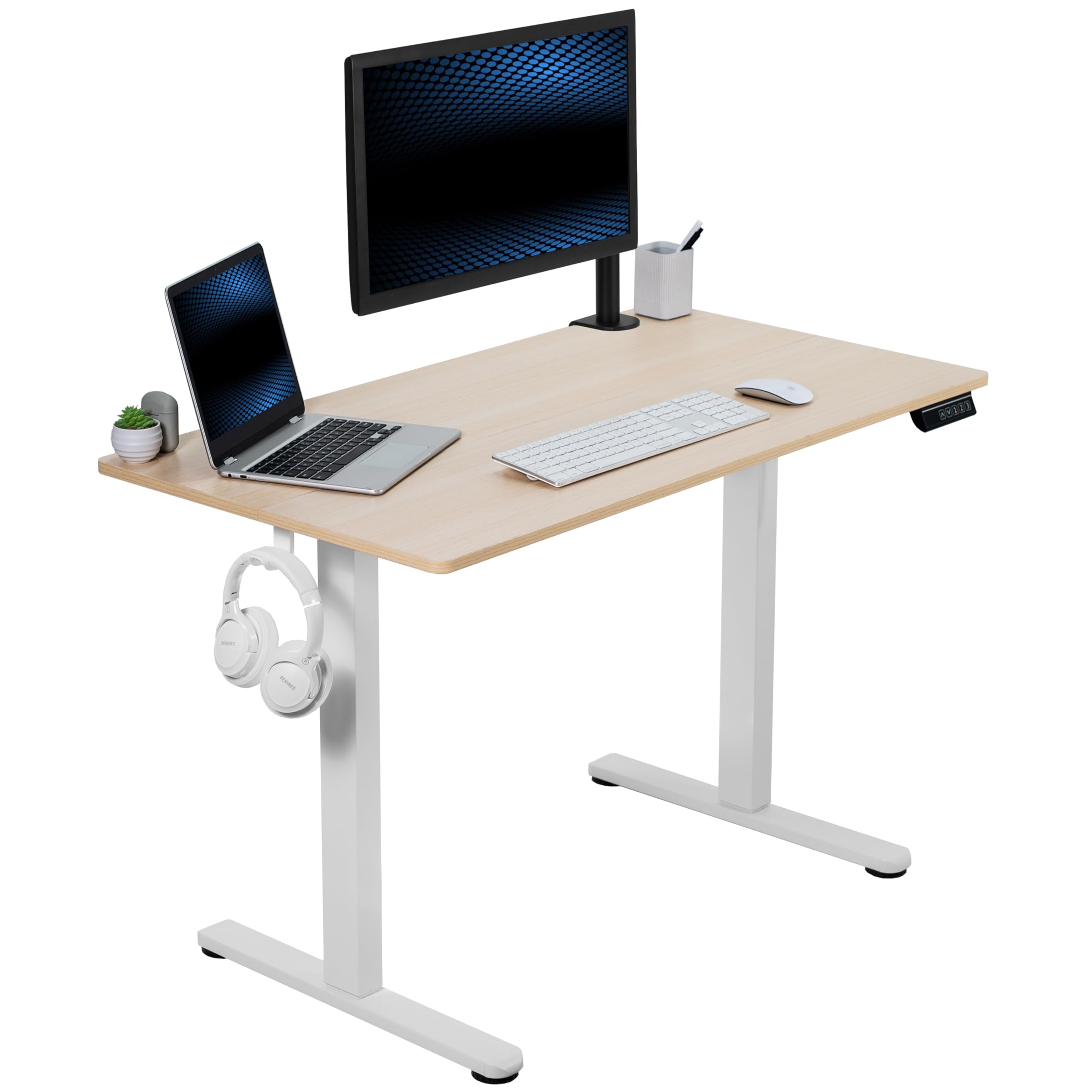 VIVO Electric Height Adjustable 44 x 24 inch Sit Stand Desk with Memory Controller, Light Wood Top & White Frame (DESK-E144C) - Perfect for Home Office, Gaming, and Workspace Ergonomics