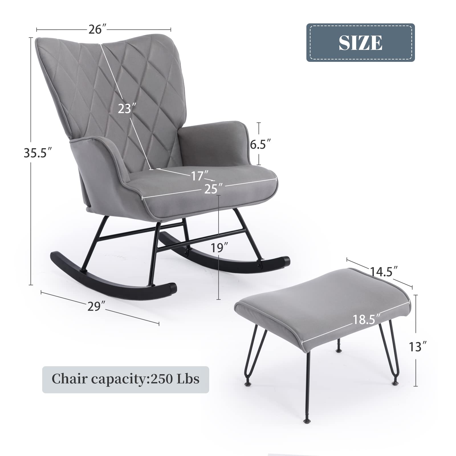 Modern Rocking Chair with Lumbar Support & Ottoman - Nursery Glider Chair for Baby Room, Living Room or Bedroom - Soft Gray Fabric - Perfect for Nursing, Relaxing & Reading