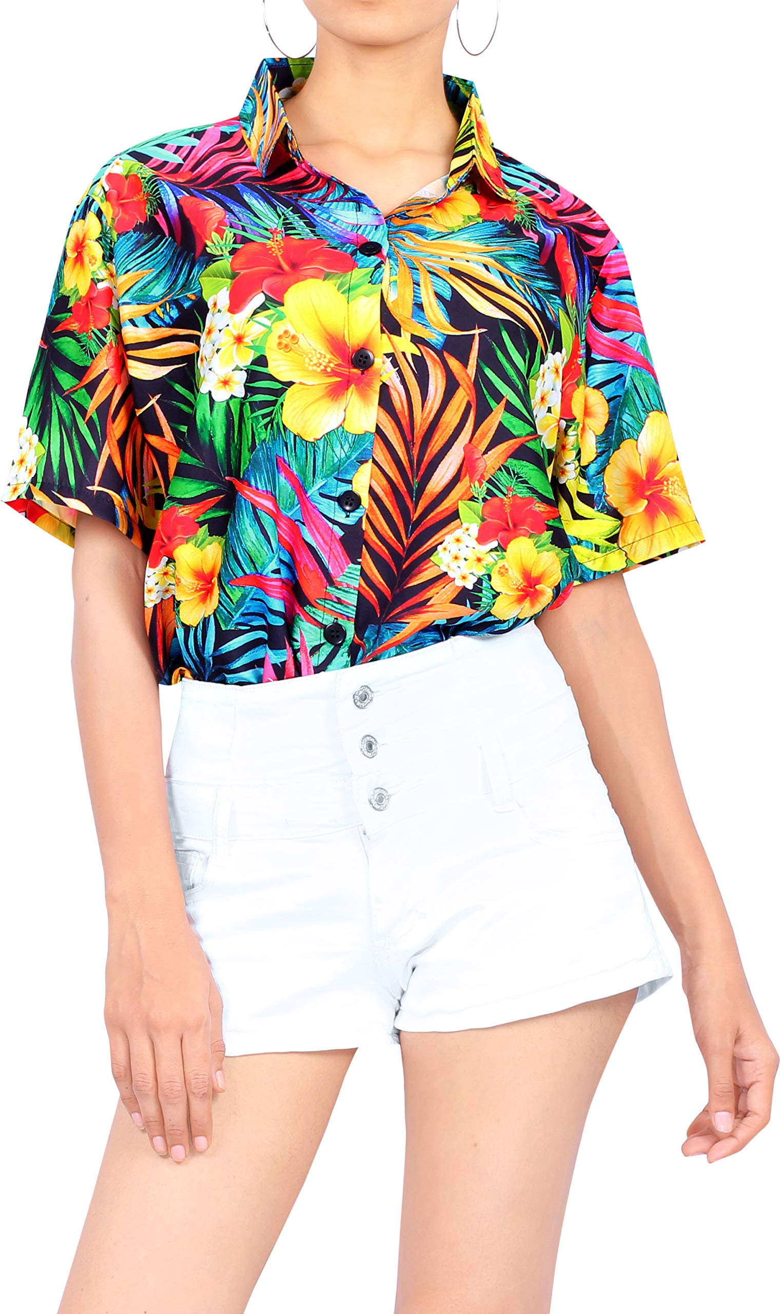 Happy Bay Women's Short Sleeve Hawaiian Shirt - Floral Print Vacation Blouse for Beach, Summer & Tropical Party Wear