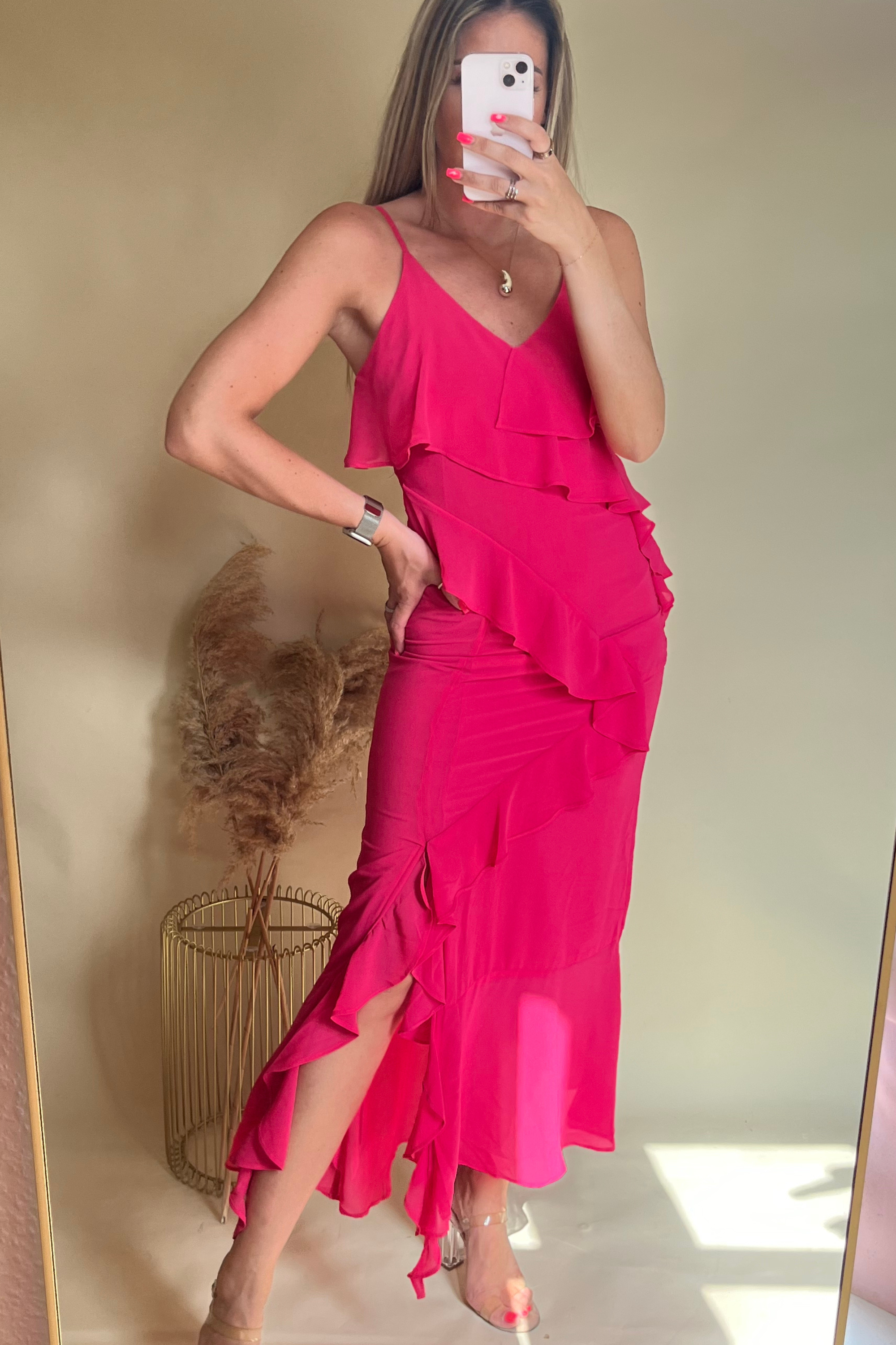 Bright Pink Ruffle Midi Dress for Women - Elegant Party & Cocktail Dress for Weddings, Date Nights & Special Occasions