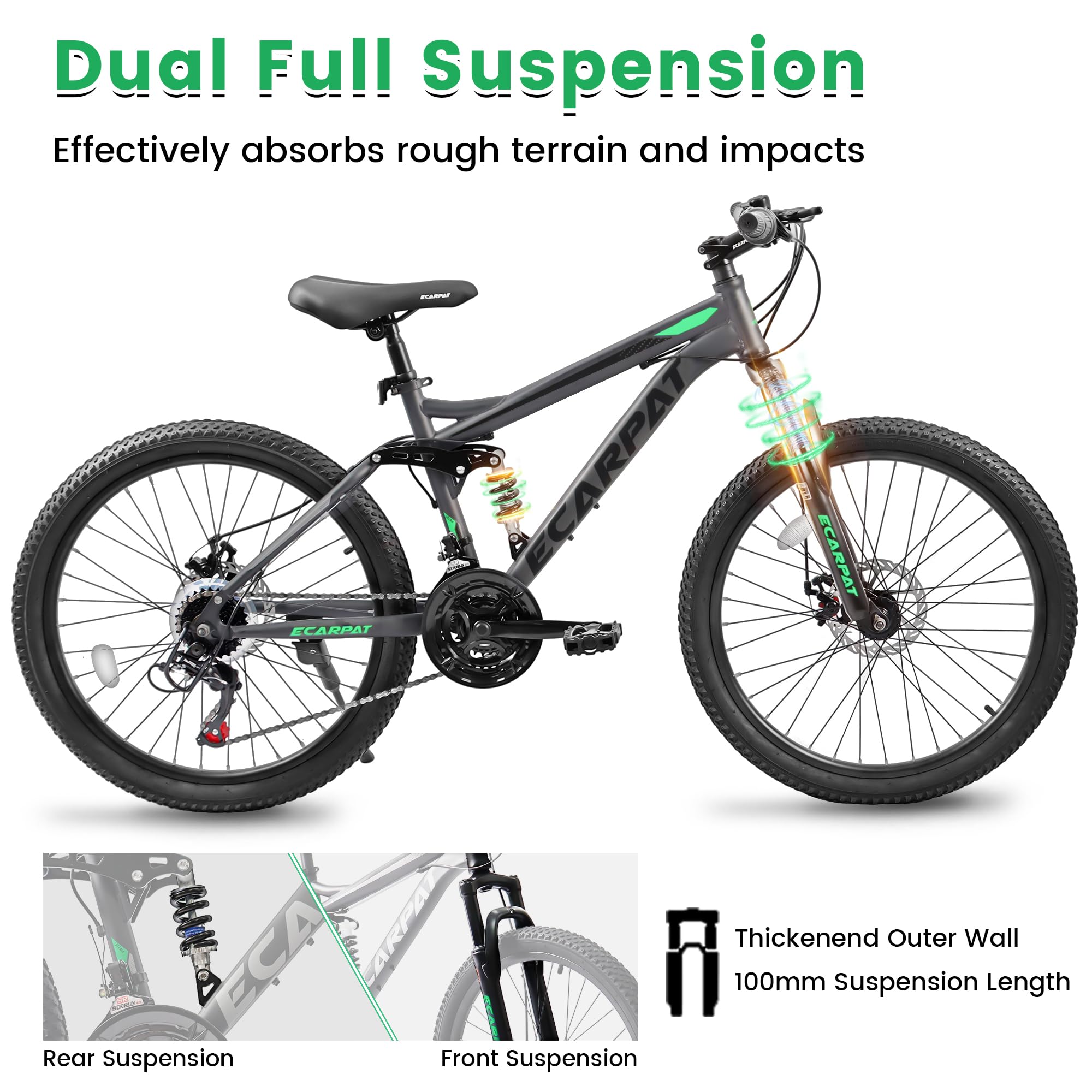 **24/26/27.5 Inch Mountain Bike for Men & Women - 21-Speed Dual Suspension, Disc Brake, Carbon Steel Frame - Trail, Beach, Snow, Commuter & City Riding - Perfect Birthday Gift**