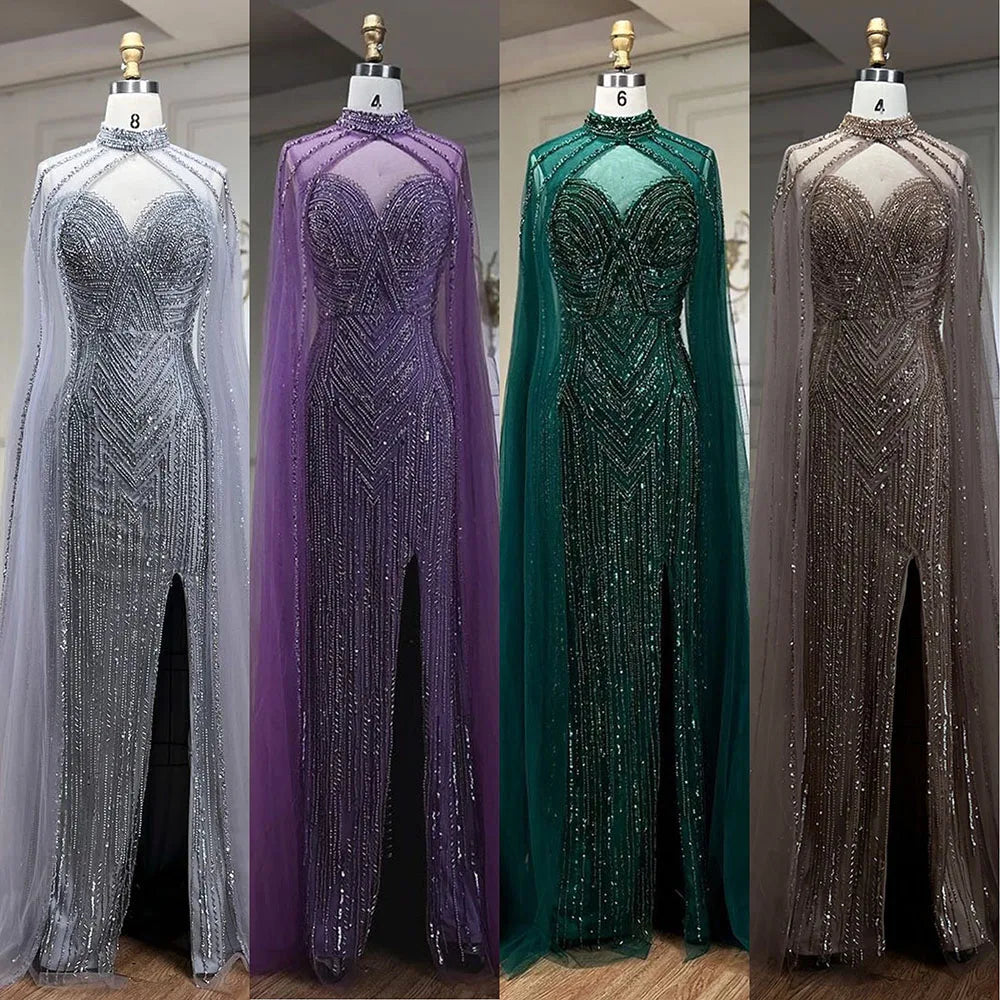 Elegant Beaded Mermaid Evening Gown with Cape Sleeves & High Slit - Serene Hill Caramel Celebrity Party Dress for Women LA72233 | Perfect for Red Carpet Events, Galas & Formal Occasions