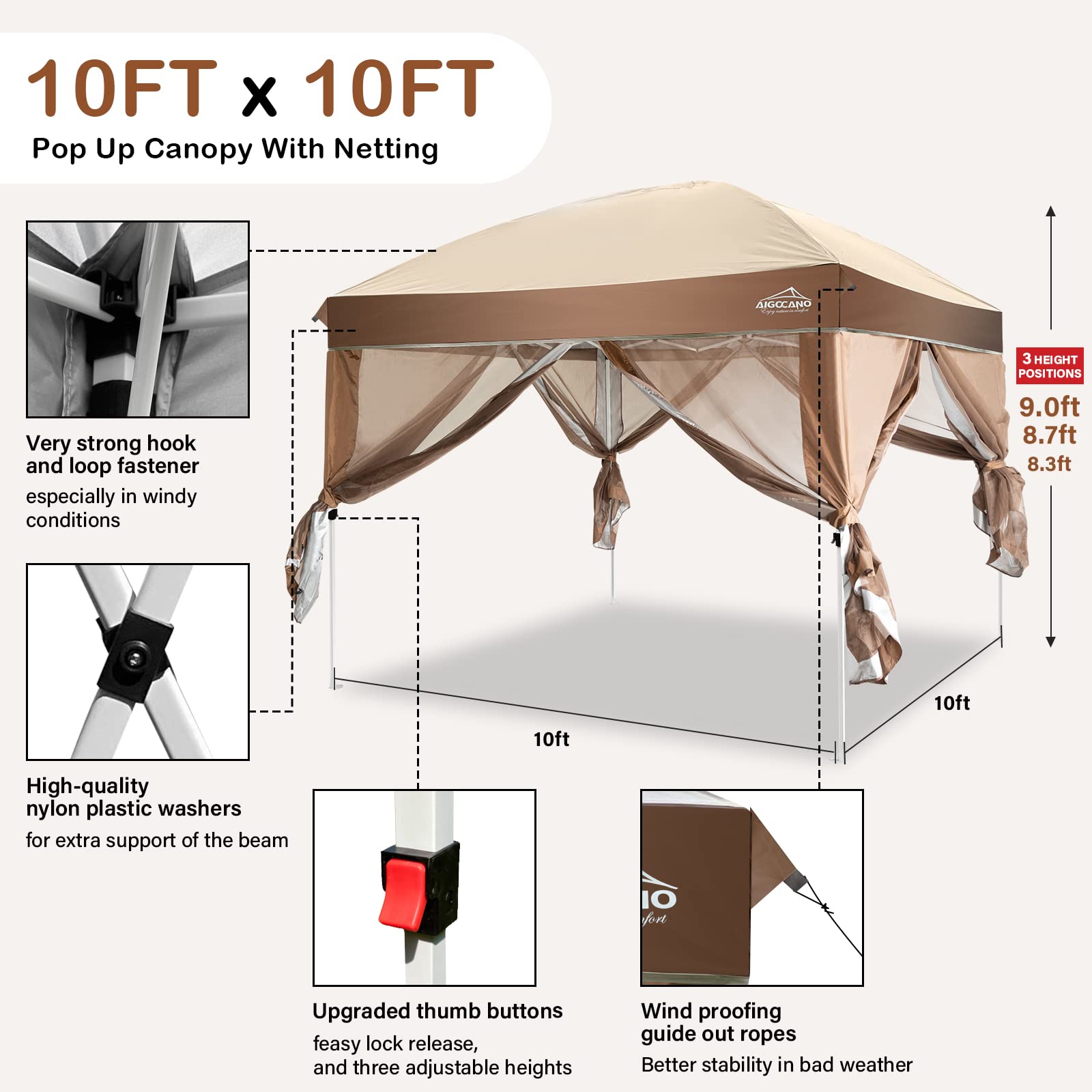 10x10 Pop Up Canopy Tent with Netting Screen - Portable Outdoor Gazebo for Camping, Backyard Parties, Patio Shade - Includes Foldable Frame, Roller Bag & 4 Sandbags (Brown) | Perfect for Beach Picnics, Tailgating & Farmers Markets