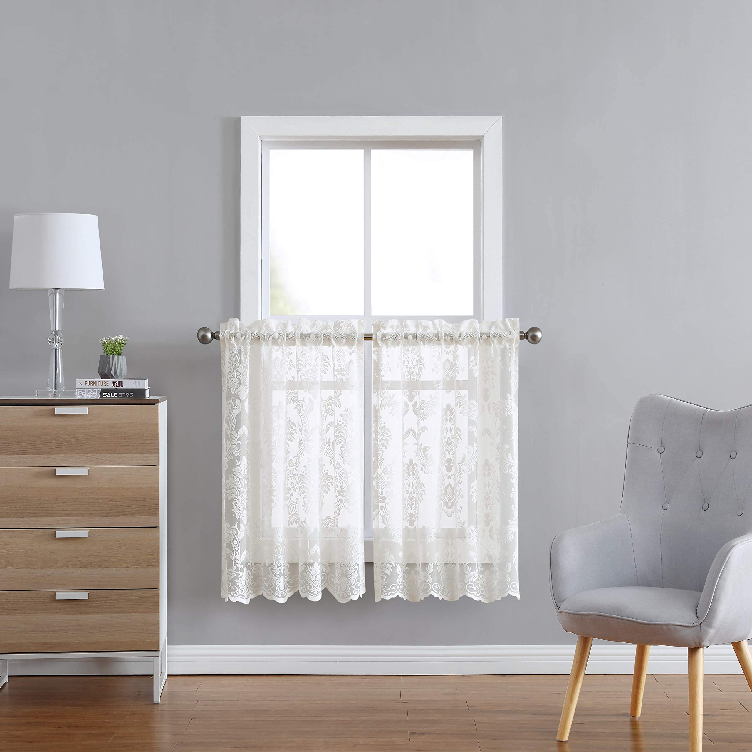 LinenZone Fiona 30 x 45 Ivory Lace Kitchen Curtains - Elegant Window Treatments for Farmhouse Style Kitchens & Small Windows | Pair with Matching Swags or Valance for Charming Decor | Perfect for Cozy Breakfast Nooks & Cottage Style Homes
