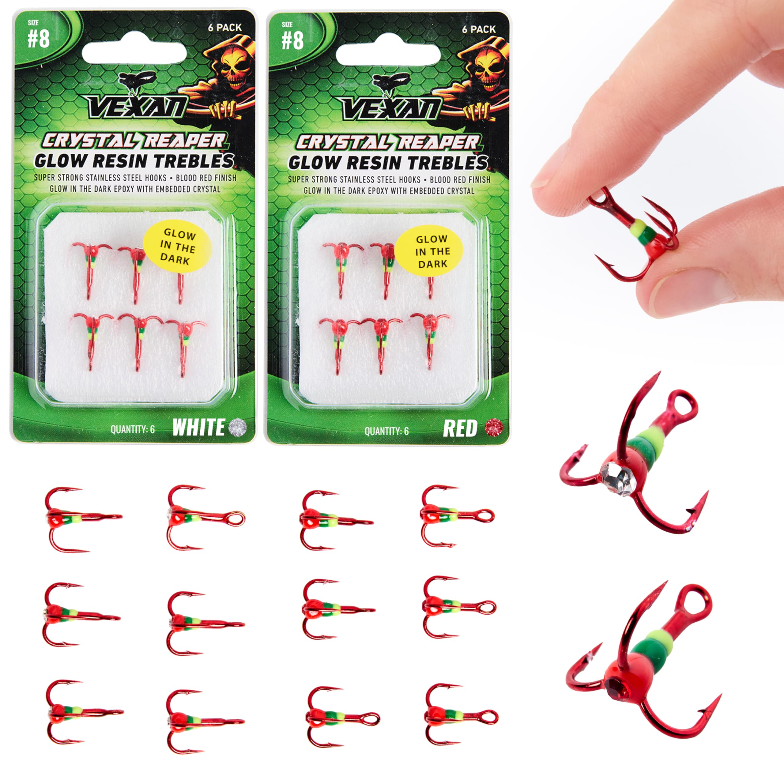 Vexan Glow Crystal Treble Hooks - High Carbon Steel Fishing Hooks for Saltwater & Freshwater - Ultra Sharp & Strong Treble Hooks for Bass, Trout, Walleye - Perfect for Night Fishing and Deep Sea Angling