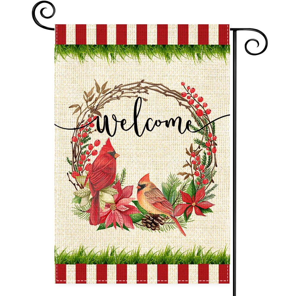 12 x 18 Inch Double Sided Burlap Cardinal Wreath Winter Christmas Garden Flag - Snow Welcome Outdoor Seasonal Decor for Farmhouse, Porch & Yard Decoration