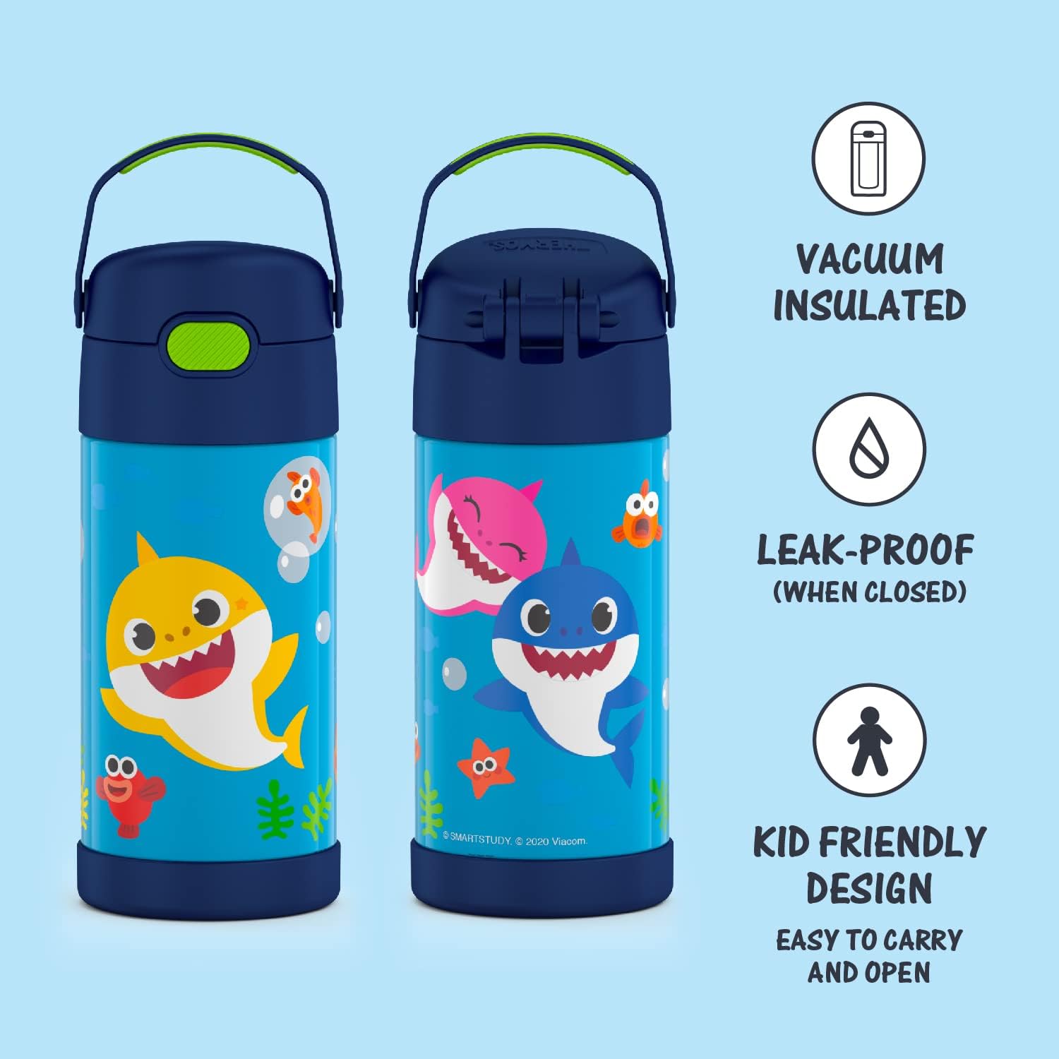 Thermos Funtainer 12oz Kids Stainless Steel Water Bottle with Straw & Lid - Vacuum Insulated, Leakproof, Baby Shark Design - Perfect for School, Travel & Outdoor Activities