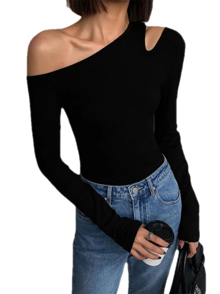 Women's Sexy Off Shoulder Long Sleeve Crop Top - Slim Fit Hollow Out T-Shirt for Spring | Fashion Solid Color Tee for Date Night & Party Outfits