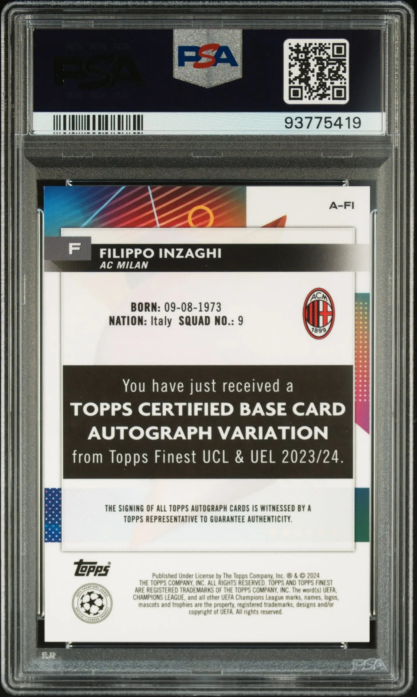 2023-24 Topps Finest UEFA Champions League PSA 10 Filippo Inzaghi Blue Autograph Card 008/150 #A FI - Perfect for Soccer Collectors & Memorabilia Displays