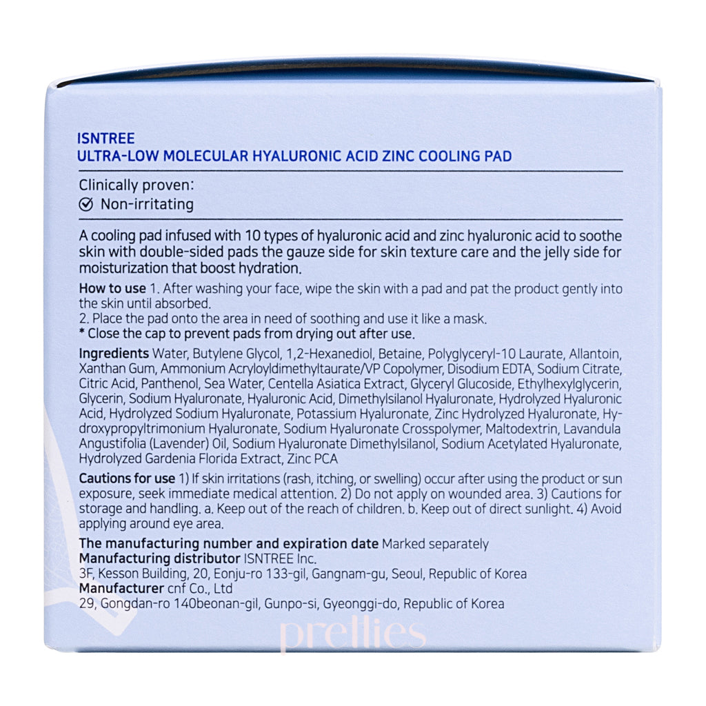 ISNTREE Ultra Low Molecular Hyaluronic Acid Zinc Cooling Facial Pads 150ml (60 Count) - Hydrating & Soothing Skincare for Dry, Sensitive Skin - Perfect for Post-Workout, Travel & Daily Skincare Routine