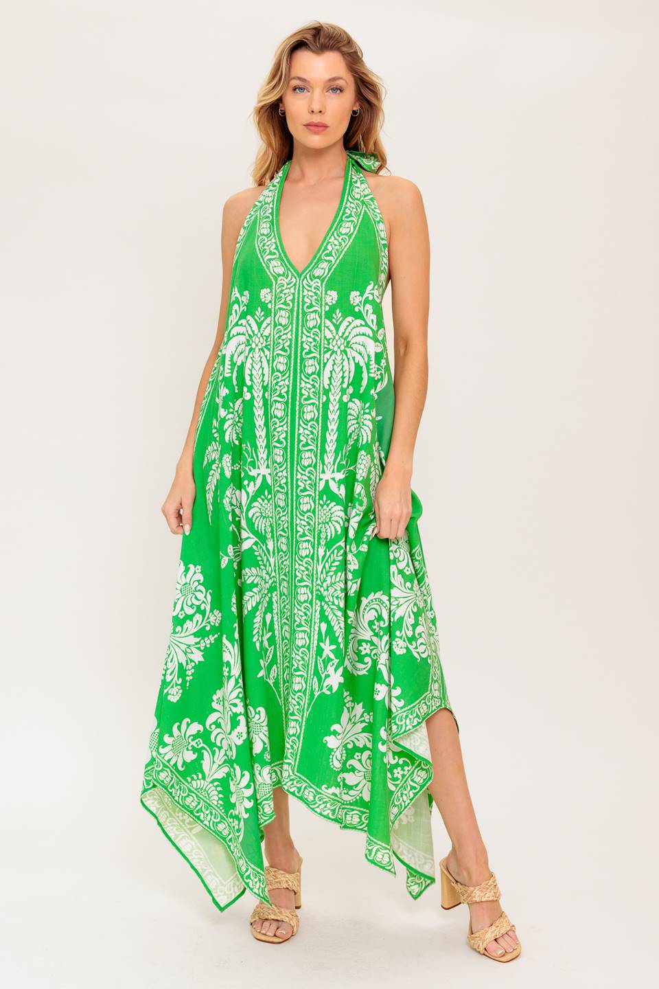 Island Tides Handkerchief Hem Halter Dress - Green | Flowy Summer Dress for Beach, Vacation & Casual Outings