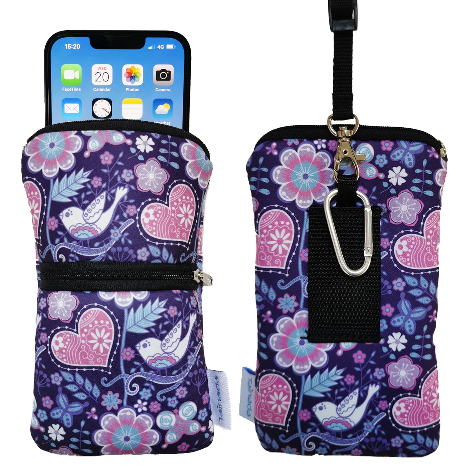 Shockproof Neoprene Phone Sleeve Case with Zipper & Carabiner - Compatible with iPhone 16/15 Pro Max/Plus, Samsung S24/S23+/A54 - Includes Neck Lanyard & Belt Loop (Purple Floral) - Perfect for Outdoor Activities, Travel & Daily Protection