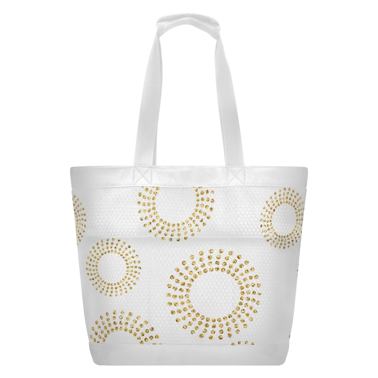 J JOYSAY Abstract Gold Circle Mesh Beach Tote Bag - Large Waterproof Women's Travel Tote for Beach, Gym & Overnight Trips | Perfect for Summer Vacation, Pool Party & Shopping