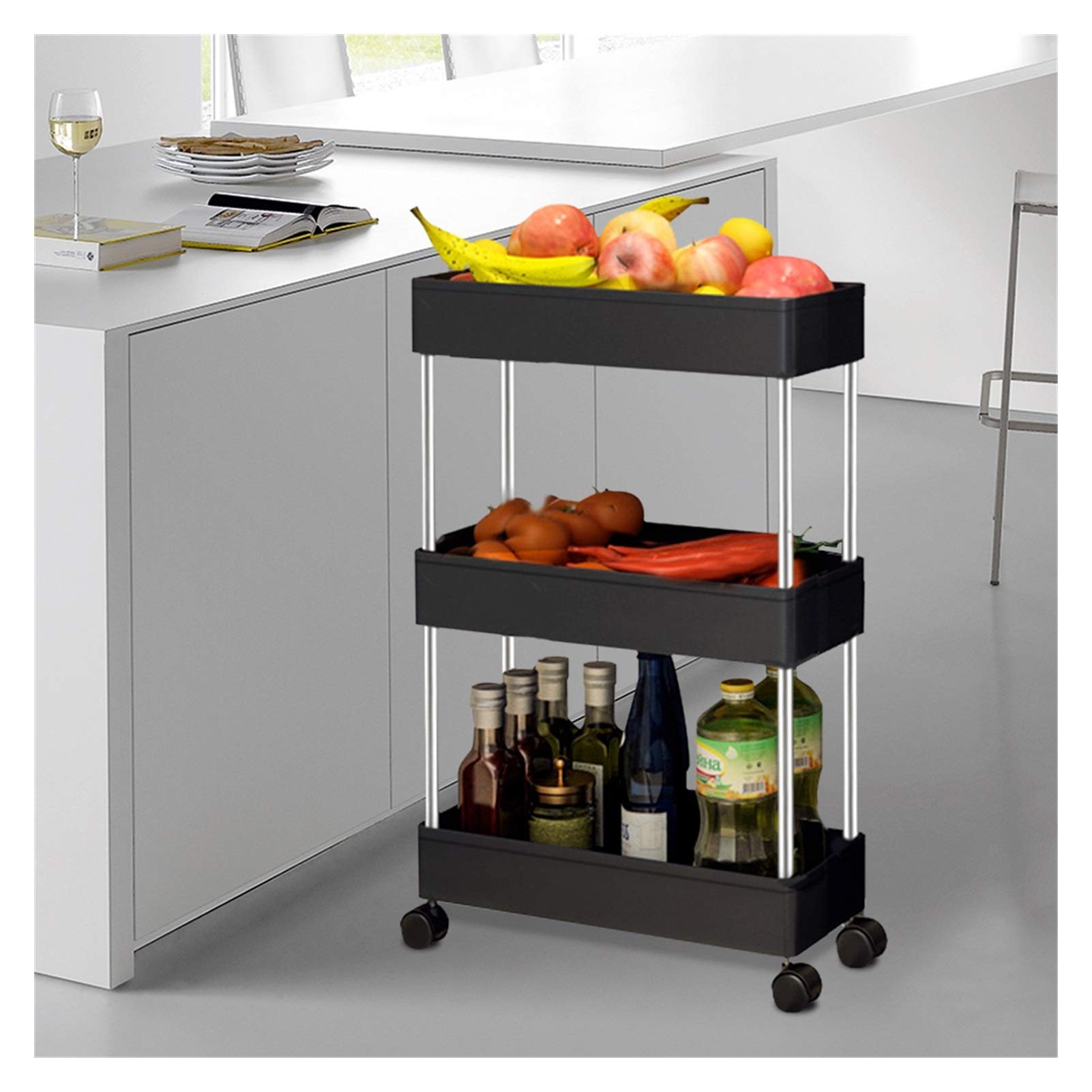 3-Tier Slim Rolling Storage Cart with Handle & Casters - Bathroom, Kitchen, Laundry Organizer with Slide-Out Shelves - Perfect for Narrow Spaces & Small Room Organization