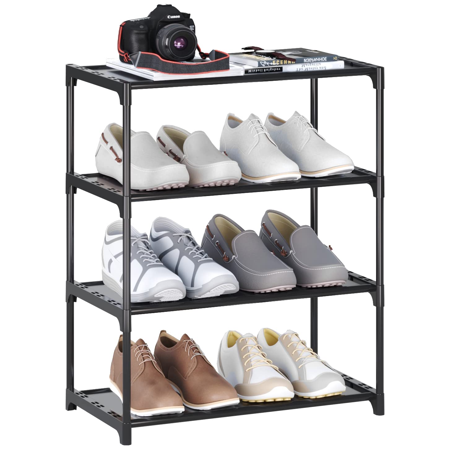4-Tier Stackable Shoe Rack Organizer - Space Saving Shoe Storage Shelf for Entryway, Hallway, Closet, Bathroom & Living Room - Perfect for Small Spaces & Apartment Organization (Black)